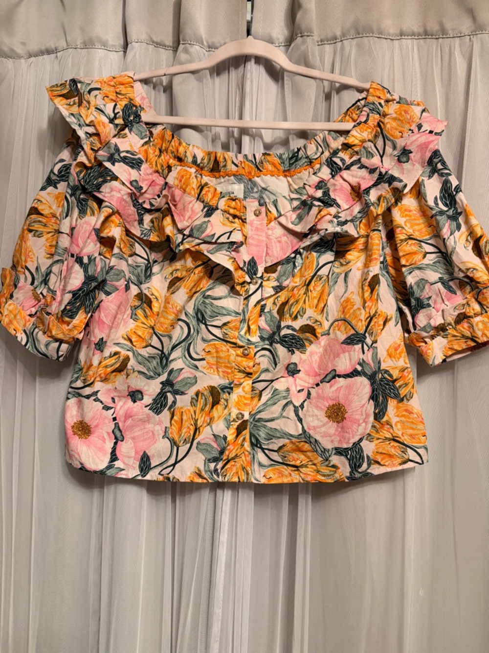 Anthropologie Pink & Yellow Floral Off-Shoulder Ruffle Blouse